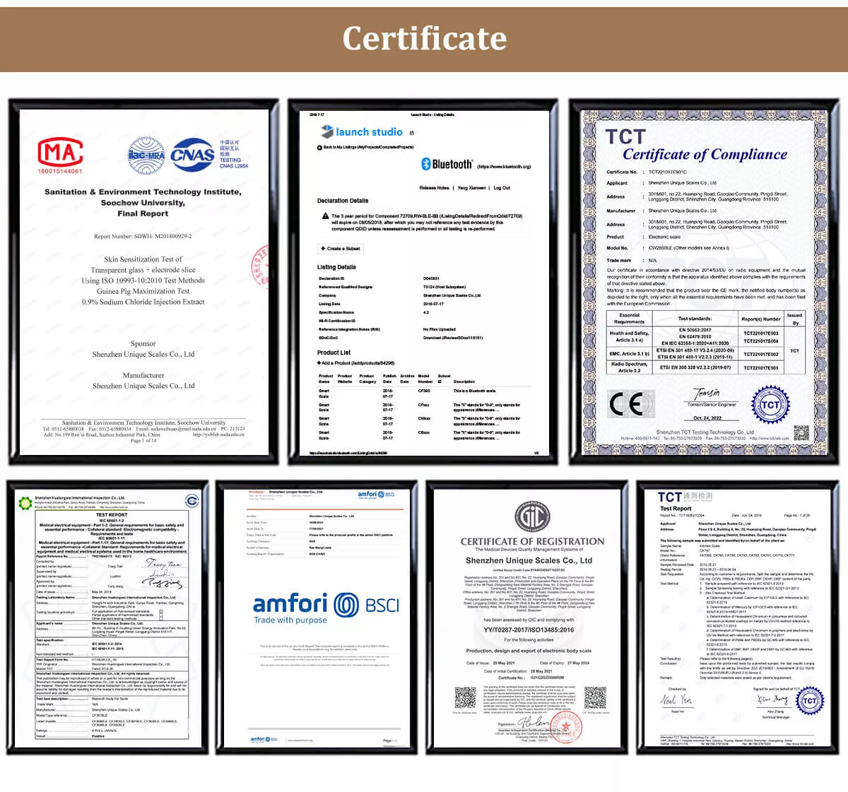 our certificates of smart body scales and kitchen scales