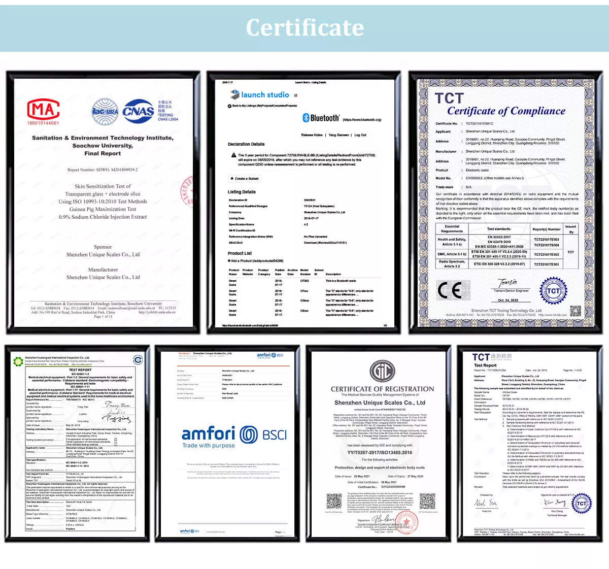 our certificates of smart body scales 
