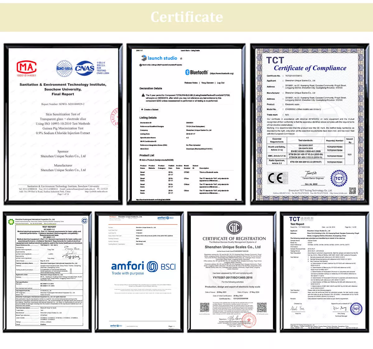 our certificates of smart body scales 