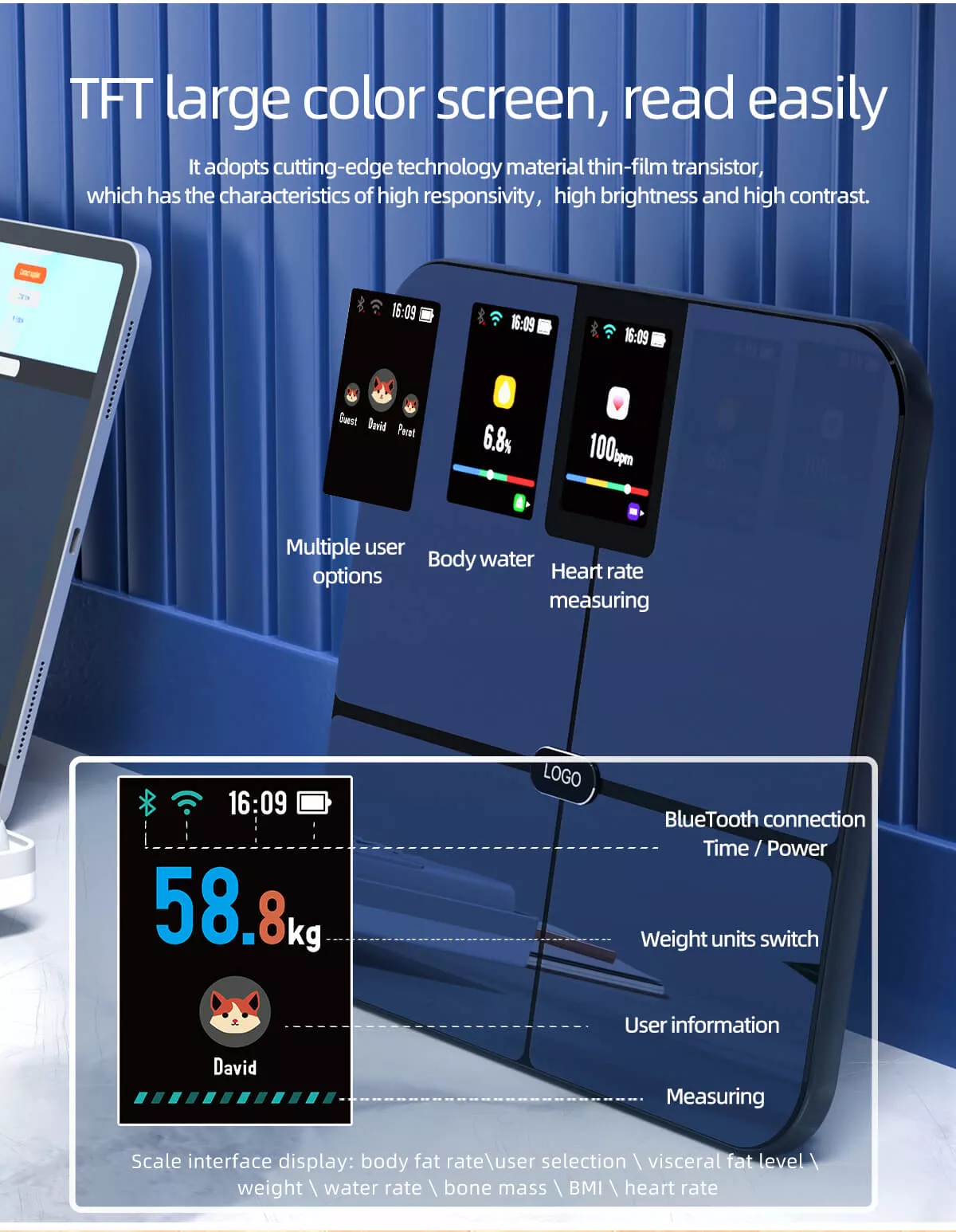 TFT color screen display smart wifi and bluetooth body fat scale