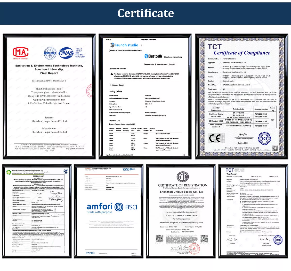 Our certificates as smart body scales manufacturer