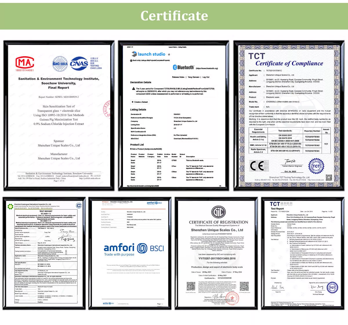 Our certificates as smart body scales manufacturer