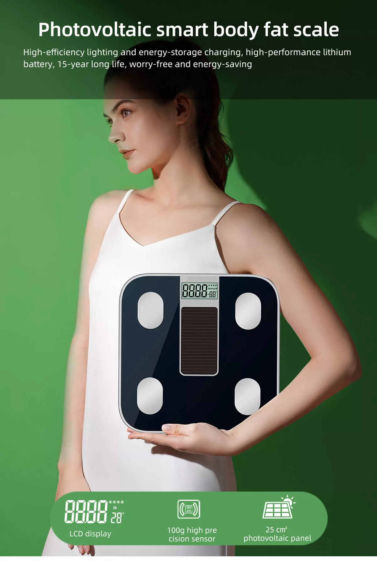 Solar Power Bluetooth Weight Scale, Battery Free Solar Digital Bathroom Scale