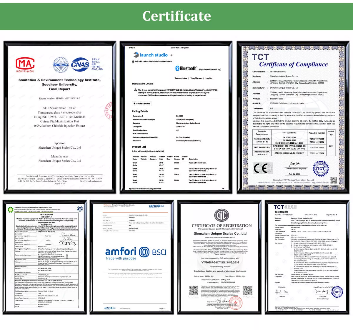 Our certificates as smart body scales manufacturer