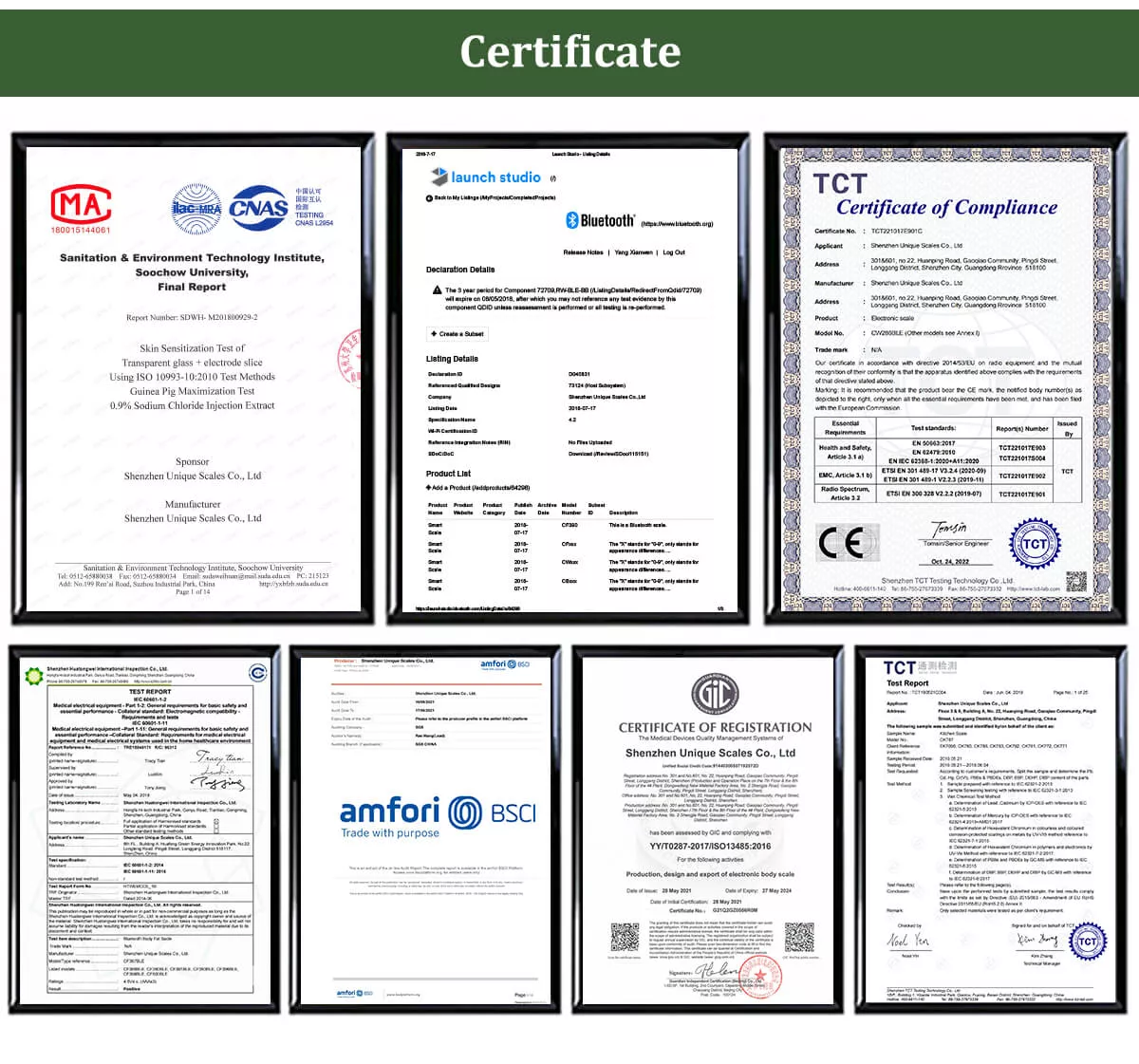 certificate of bluetooth smart weight scale