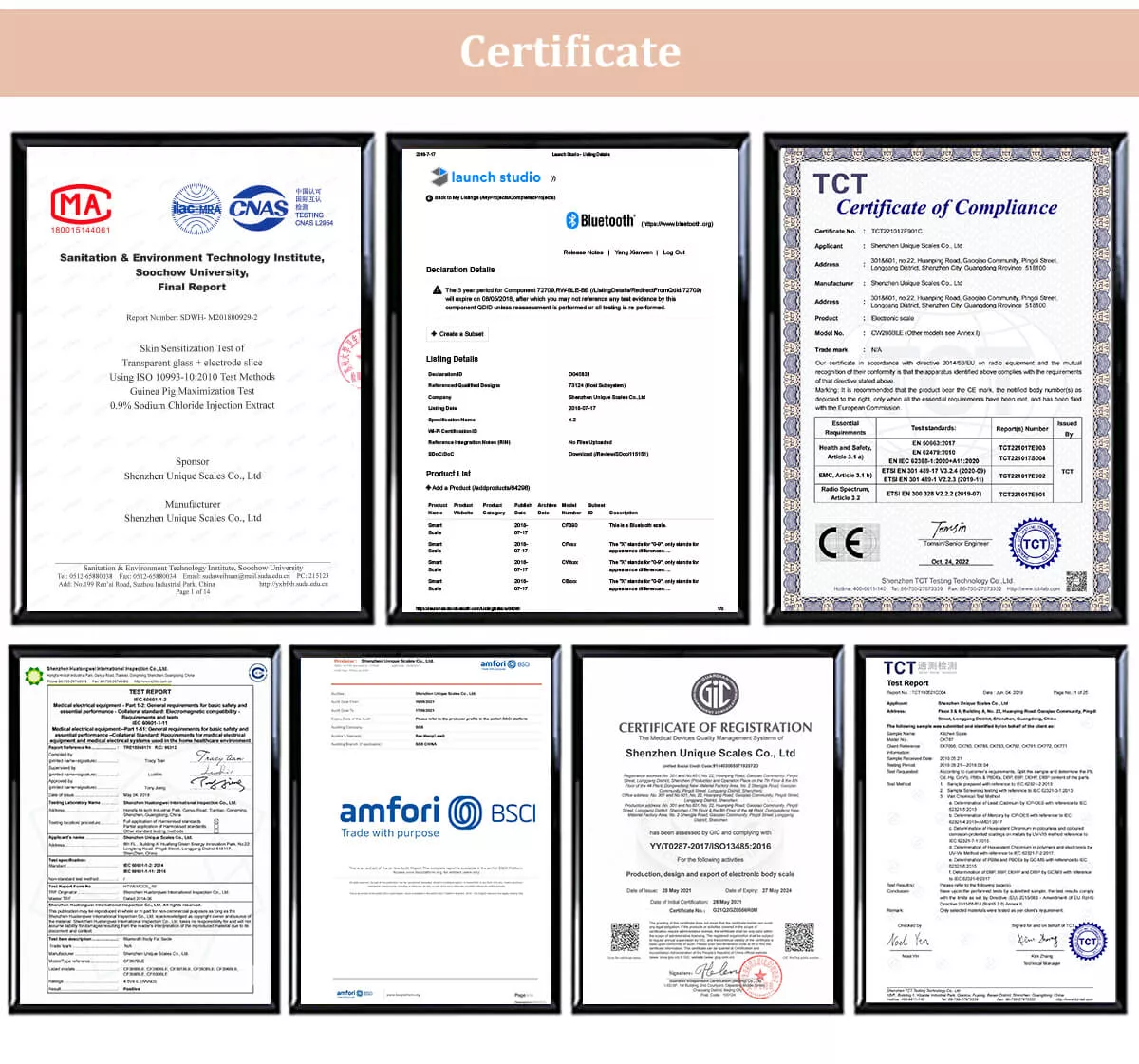 smart bathroom scale's certificate